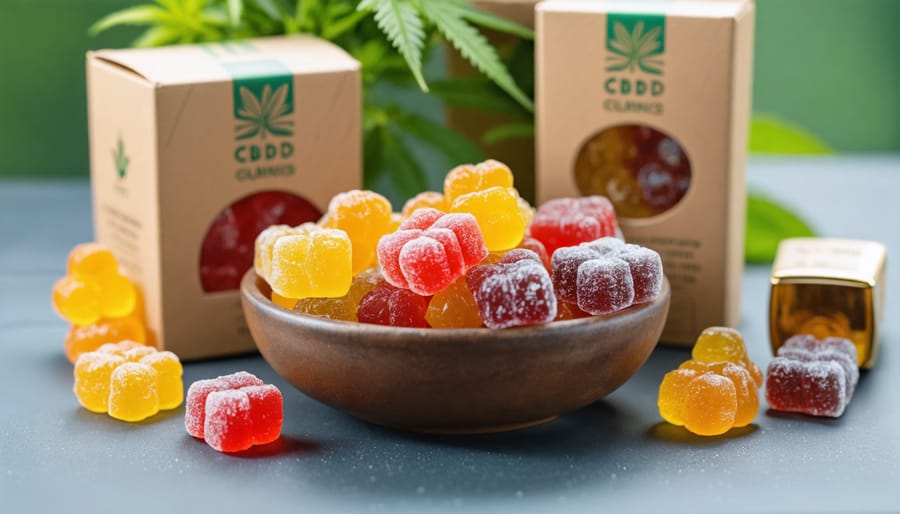 Various CBD gummies displayed in a bowl with packaging visible behind them