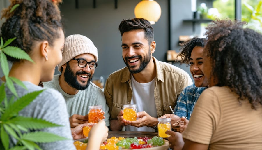 Adults in a community setting enjoying CBD gummies together, promoting social interactions