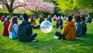 A diverse group of people sitting in a circle in a park discussing community well-being, illustrated by a glowing orb symbolizing CBD gummies in the center.