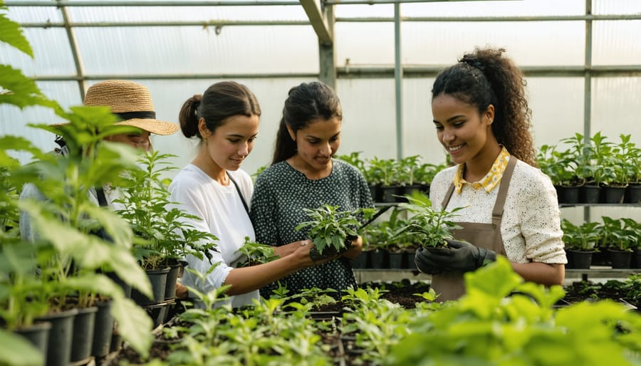 Multi-ethnic group participating in a cannabis cultivation training workshop within a modern greenhouse