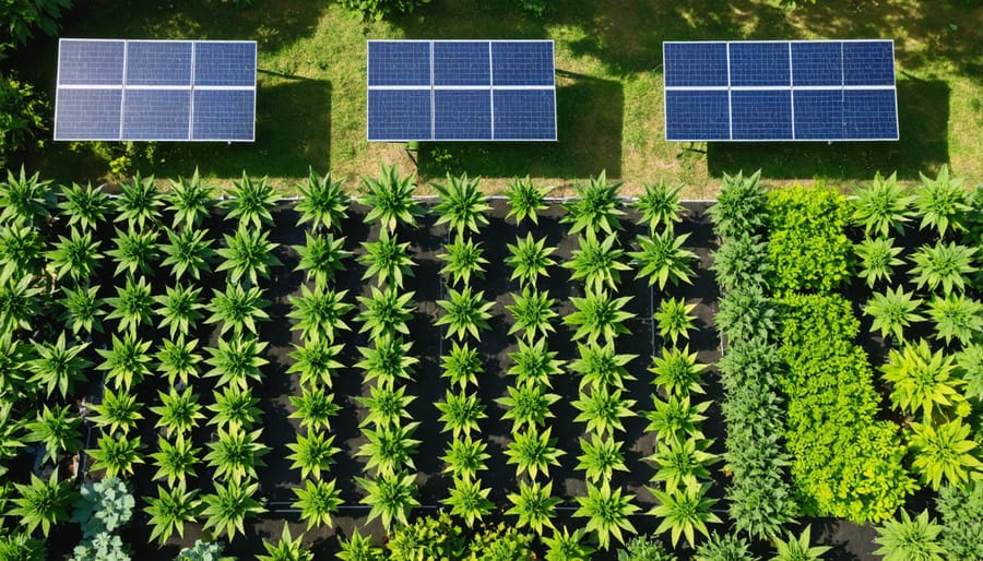 Sustainable cannabis community garden featuring solar panels, rainwater collection systems, and organized growing areas