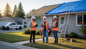 Homeowner talks with two community repair volunteers in hard hats and unbranded safety vests outside a modest Canadian bungalow, with ladder and blue roof tarp visible in warm evening light; municipal pickup and neighboring houses behind.