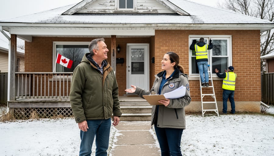 Elderly person's hands holding house keys with deteriorating home in background