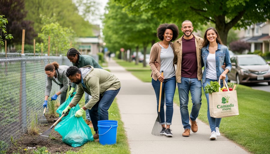 “Volunteers and a family working together on a community garden and cleaning a neighborhood street in Canada under soft daylight.”