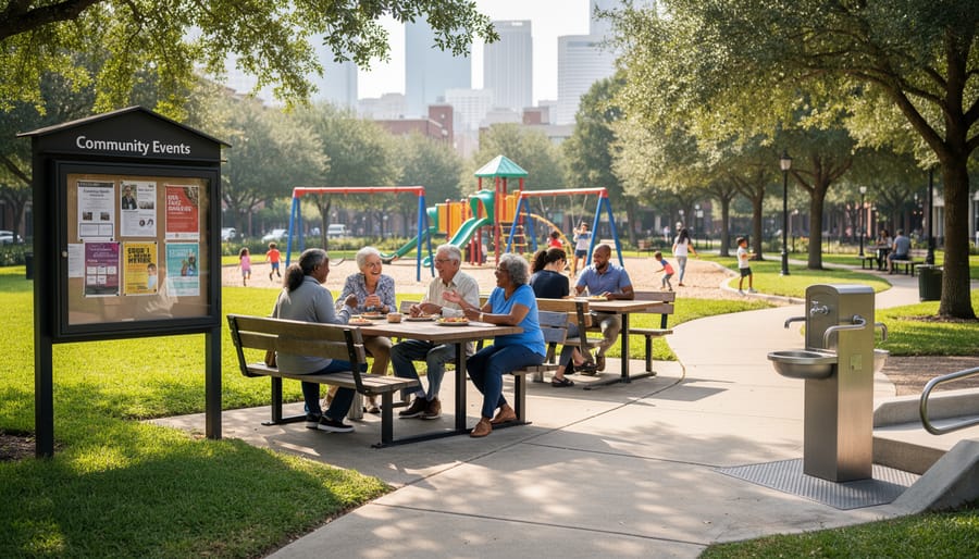 Neighbors chatting and socializing outdoors in a park setting