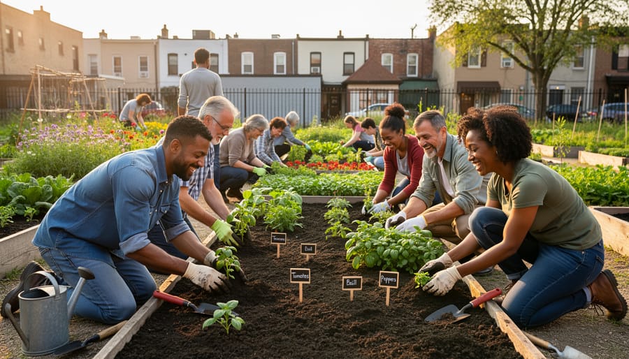 People planting seedlings together in a community garden with raised beds and native plants