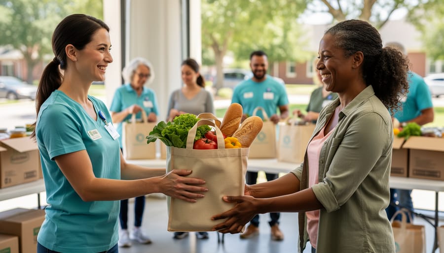 Volunteer giving a reusable grocery bag to a recipient in a community service setting