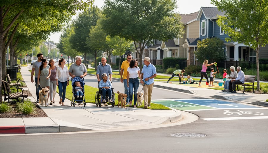 Diverse community members walking together past a community garden and playground on an accessible path