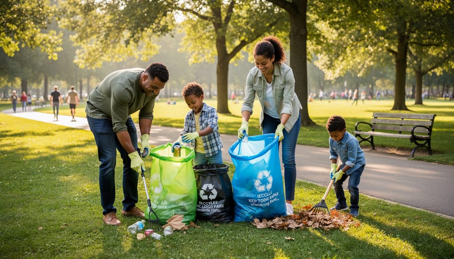 Family volunteers picking up litter in a neighborhood park with gloves and grabbers