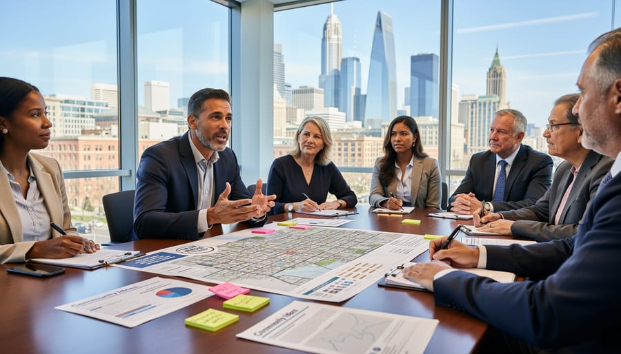 Volunteer taking notes during a civic advisory meeting at a conference table