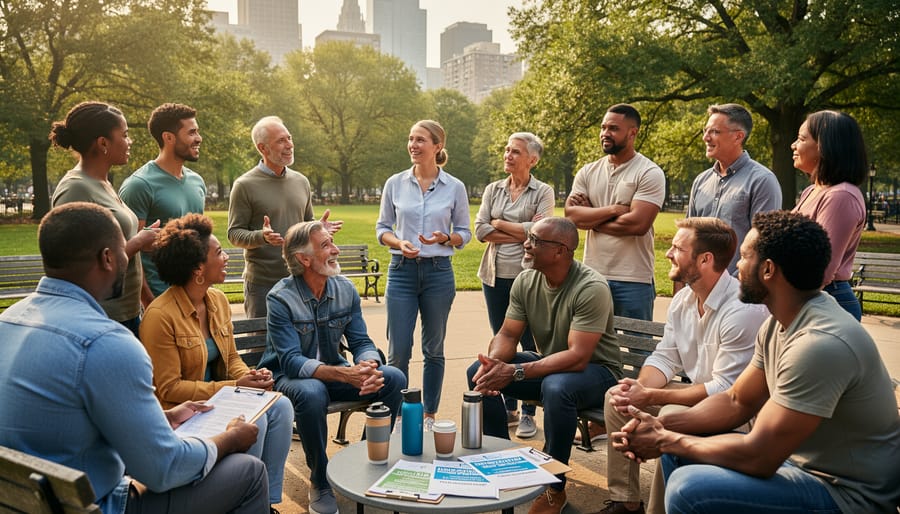 Outdoor community gathering with people standing together and holding blank signs during a storytelling or advocacy event.