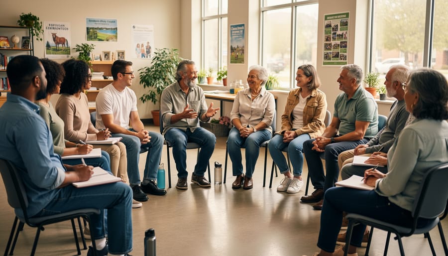 Diverse community members seated in a storytelling circle, listening to a speaker in a community hall.