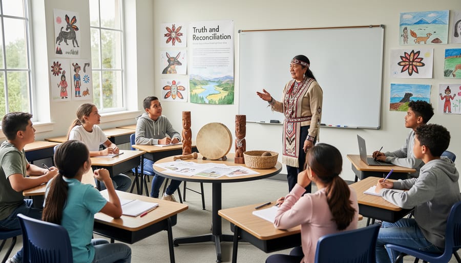 Indigenous elder and group learning together with books and notebook in a classroom setting