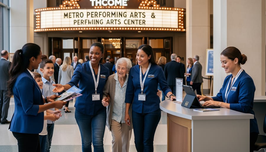 Volunteer usher welcoming people in a theater lobby near the auditorium entrance
