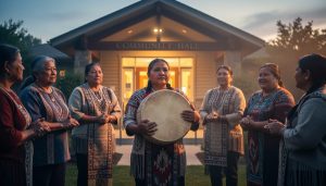 “People gathered in a respectful circle outdoors at dusk, with a ceremonial drum held at chest height, representing reconciliation and Indigenous-led healing.”