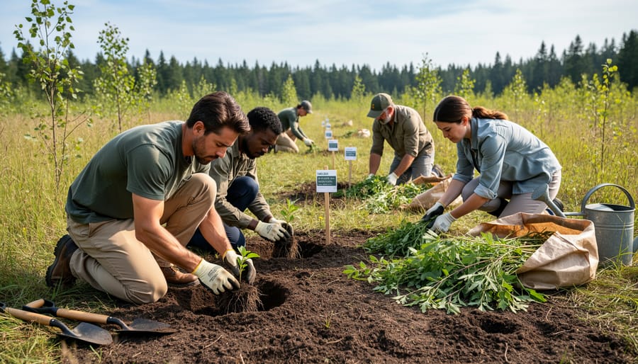 Volunteer gardening hands pulling weeds and planting native species in prepared soil
