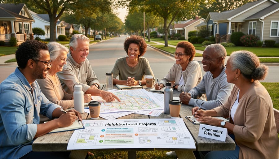 Neighbors collaborating in a community meeting with shared materials on a table