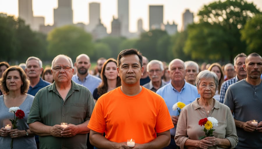 Person wearing an orange shirt walking at a community event during reconciliation observance