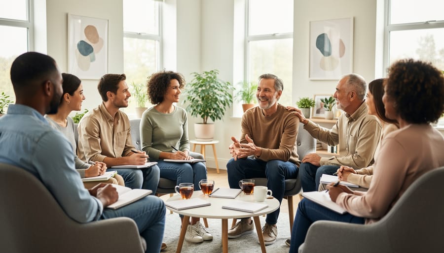 Adults seated in a peer support circle in a community room with a calm, supportive atmosphere