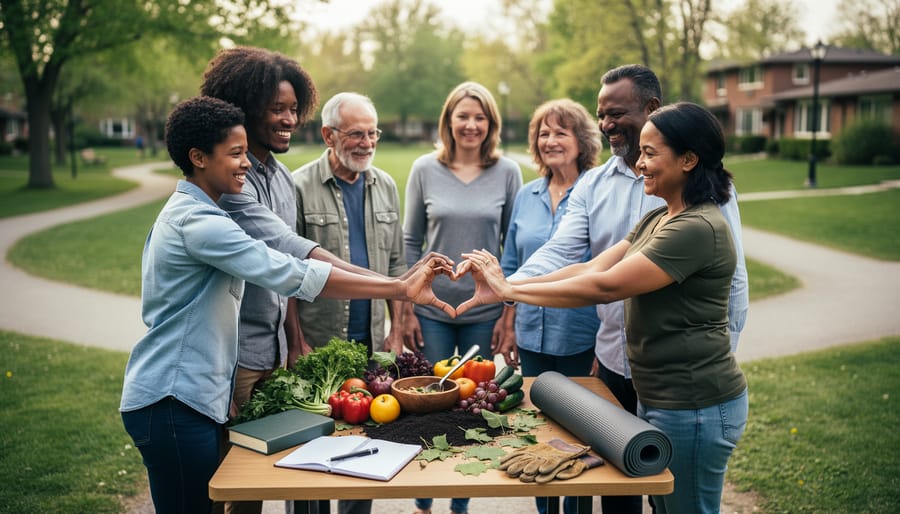 Diverse community members outdoors sharing a table of everyday wellness items—produce, a notebook, a yoga mat, work gloves, and natural elements—symbolizing holistic health.