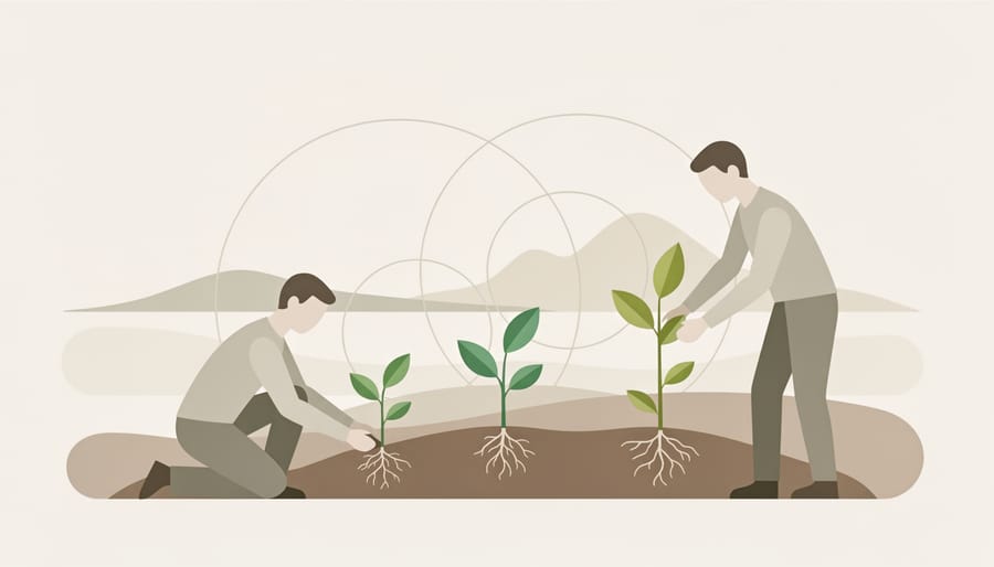 An elder and a youth planting native seedlings together with soil and leaves in sharp focus near a creek.