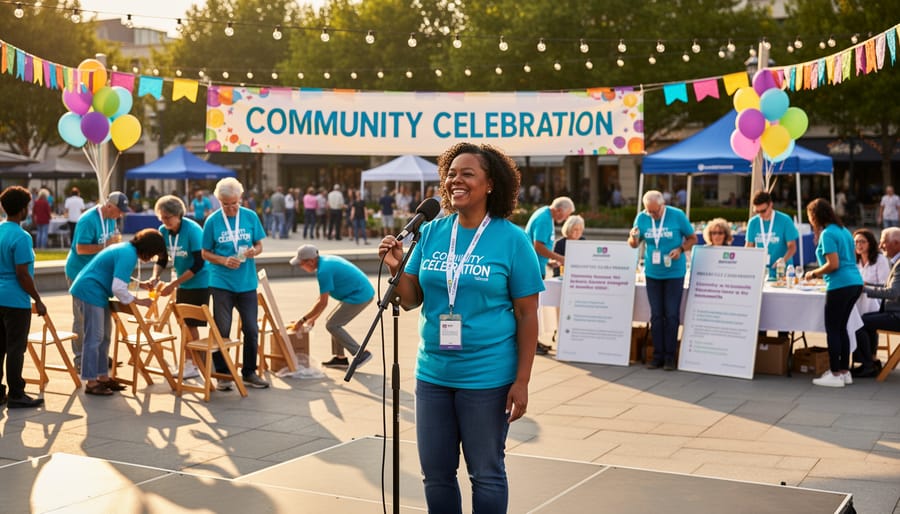 Volunteers setting up tables and festival supplies at an outdoor community event