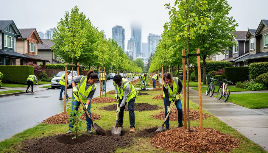 Volunteers planting a young tree in a mulched area along a city sidewalk