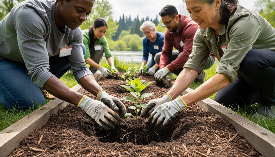 Volunteers planting native seedlings in a Vancouver, Washington park during habitat restoration work.