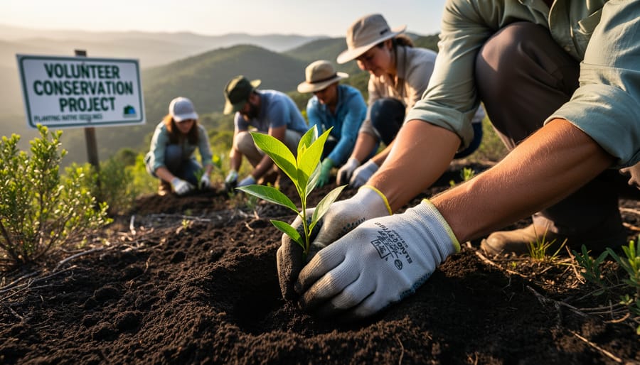 Volunteer and local host plant native seedlings in a community garden bed with dark soil