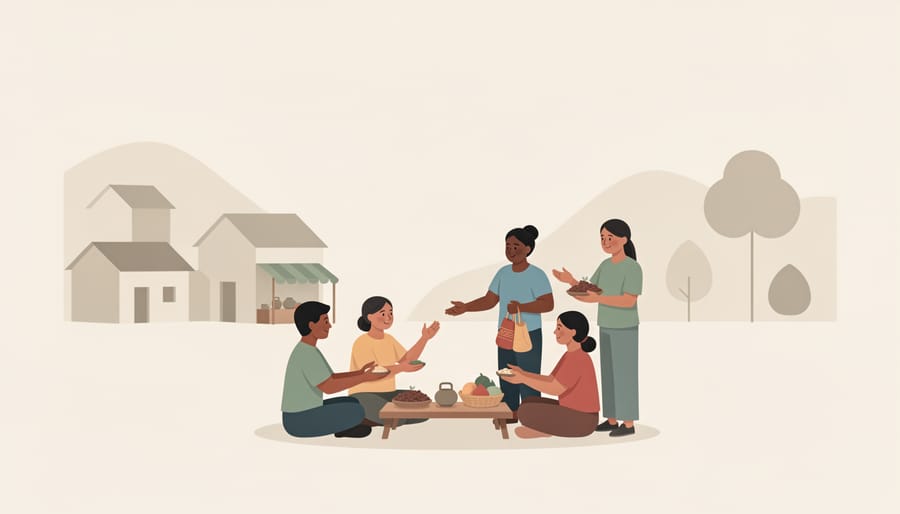 Group of volunteers and a local community member sharing a meal outdoors during golden hour