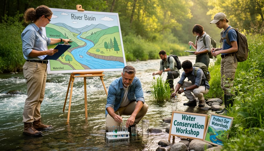 Volunteer and participants using a water testing kit near a river or water-focused educational area