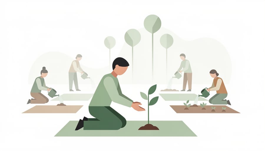 Hands planting a small potted plant in soil in a community garden