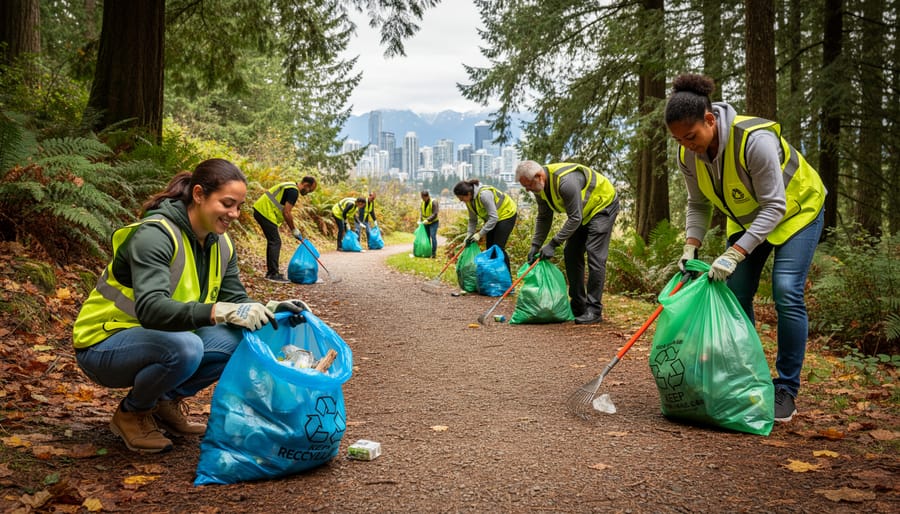 Volunteer picking up litter along a riverside trail in Vancouver, Washington