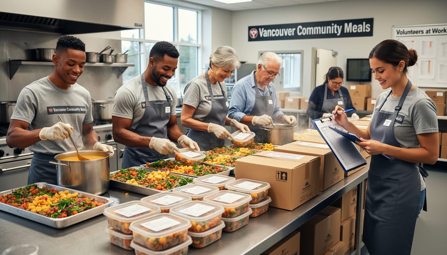Volunteers packing and handing out meal boxes in a community center