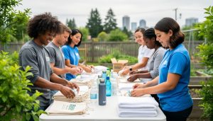 A group of volunteers assembling care kits at a nonprofit table outdoors in Vancouver, Washington.